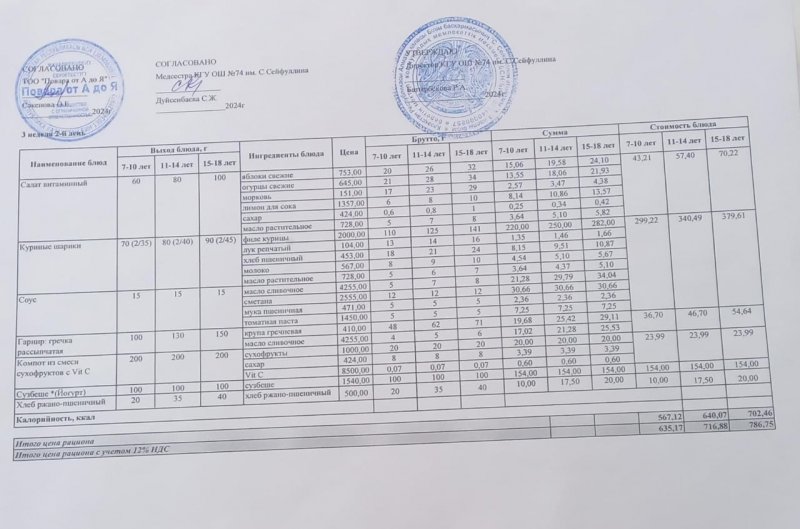 Мәзір/Меню 24.12.2024