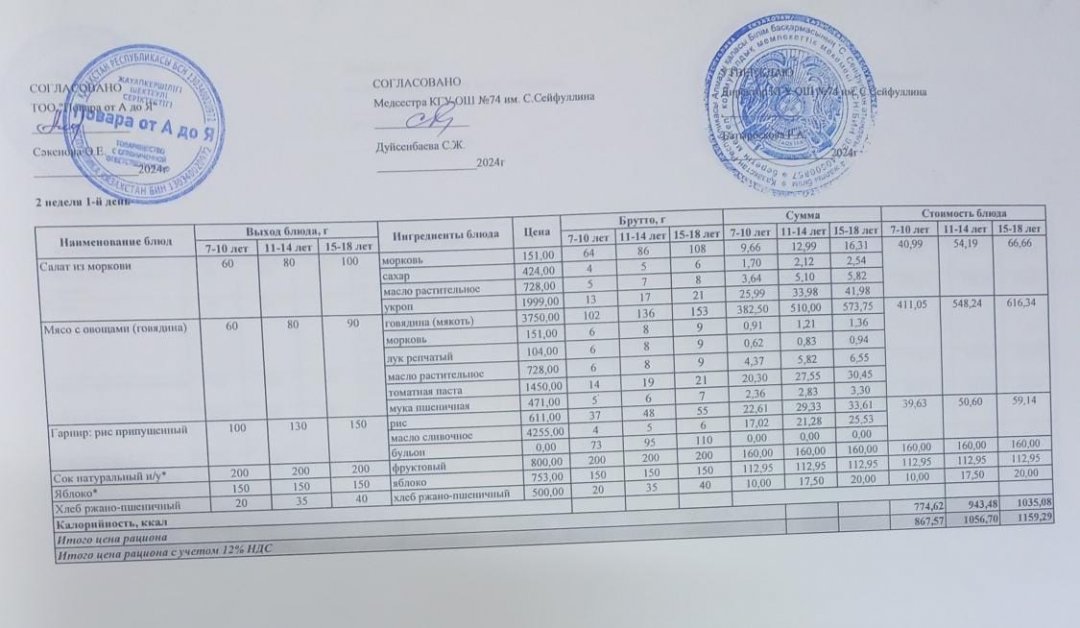 Мәзір/Меню 11.03.2025
